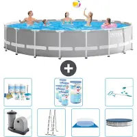 Intex Round Prism Frame Swimming Pool – 610 x 132 cm – Grau – inklusive Pumpe – Leiter – Bodenplane – Abdeckung Wartungspaket - Filter - Reinigungskit