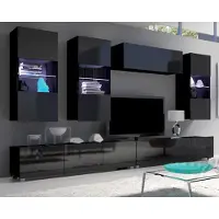 Ravio Wohnwand Amanda IV, Stilvoll Anbauwand, Hängeschränke, Schrankwand, Mediawand 300cm Breite (Schwarz / Schwarz Hochglanz)