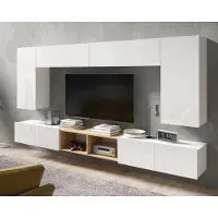 Ravio Wohnwand Amanda XII Komplette Möbelwand Breite 300cm Anbauwand Wohnzimmer-Set Hängewohnwand (Weiß matt + Weiß Hochglanz Fronten / Goldene Eiche)