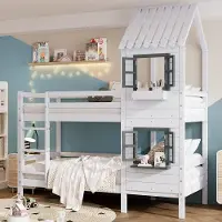 MODFU Kinderbett Etagenbett mit Handlauf und Fenster,Kinderbett Hausbett,mit Fallschutz und Gitter, Rahmen aus Kiefer,weiß (90x200cm) mit zwei matratze