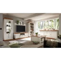 IMV Landhaus Wohnwand 577cm pinie weiß / wotan eiche Anbauwand Bücherregal
