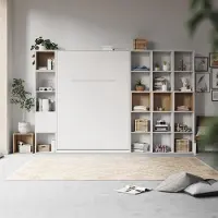SMARTBett GmbH SMARTBett WOHNWAND Schrankbett 140x200 Vertikal mit Regalen Weiss/Wildeiche