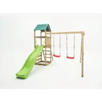 Fungoo MaxPlay, Holzklettergerüst mit Spielturm, Doppelschaukel und Rutsche, mit Foliendach