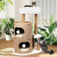 Markenlos Luxus Kratzbaum mit 2-stöckiger Kratztonne | Katzenbaum mit Katzenschlafhaus, Sisalbrett,abnehmbarem Bett & Spielball | Stabiles Katzenmöbel für Mehrkatzenhaushalte | Kletterbaum Aktivitätsbaum