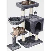 Markenlos Kratzbaum 96 cm hoch Katzenbaum Kletterbaum für Katzen, mit Sisal Plüsch Katzenhöhle und Korb Dunkelgrau