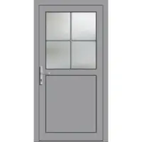 Haustuerenland.de Kunststoff Nebeneingangstür nach Maß "PAULA-O" 74 mm 1/2 Glas 4 Sprossenfelder Silbergrau RAL 7001 innen öffnend DIN links