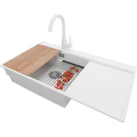 PrimaGran Granitspüle Weiß 90x50cm, Spülbecken 1 Becken + Küchenarmatur 32x20cm + Ablauf-Set + Küchenzubehörset, Küchenspüle ab 60er Unterschrank - Sydney