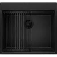 PrimaGran Spülbecken Alles Schwarz 58x53cm, Granitspüle 1 Becken + Ablauf-Set + Aufrollbare Abtropffläche, Küchenspüle ab 60er Unterschrank - Oslo Max