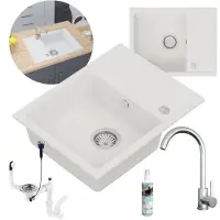WAGRAN GranMaster Granitspüle Weiß Set mit Stahlbatterie mit U-förmigem Auslauf, Professionelles Imprägniermittel und Platzsparender Siphon mit Überlauf