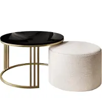Lookway Couchtisch mit Hocker LORI Hochglanz Gold gebürstet/Schwarz glänzend, Perfect Harmony 01
