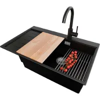 PrimaGran Granitspüle Schwarz 78x50cm, Spülbecken 1 Becken + Küchenarmatur 32x20cm + Ablauf-Set + Küchenzubehörset, Küchenspüle ab 60er Unterschrank - Sydney
