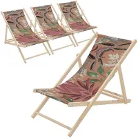 ECD-Germany 4er Set Liegestuhl klappbar Floral Braun-Rot-Grünaus Holz Sonnenliege mit 3-Fach verstellbarer Rückenlehne Strandliege für Garten Balkon