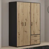 Forte MONISSA Kleiderschrank 140 150, moderner Drehtürenschrank, 3-türig, 2 Schubladen, Holzwerkstoff, Artisan Eiche Holzdekor|Schwarz, 144,4 cm breit x 200,1 cm hoch x 59 cm tief