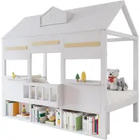 Xkiss Hochbett, Kinderbett, Feines hausförmiges Design, ZMit einer Reihe Bücherregal, Stabiler Lattenrost, Kiefer + MDF + Sperrholz, Weiß, 90x200cm
