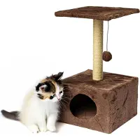 Valle Verde Kratzbaum mit Katzenhaus Katzenbaum Katzennest Mit Spielball und Kraztsäule Ideal zum Schärfen der Krallen 30 x 30 x 53 cm 30 cm x 30 cm x 53 cm (Braun)