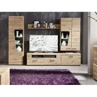Von moebel-guenstig24.de Wohnwand Wohnzimmer-Set 4 FUNNY PLUS 5 tlg. Vitrine TV-Unterteil Wandboard Artisan Eiche LED-Beleuchtung
