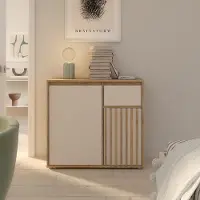 Forte ELISTON Kommode 90, moderne Kommode mit Lamellendesign, 2-türig, 1 Schublade, Wohn-/Schlafzimmer, Mauvella Eiche Holzdekor|Kashmir Beige, 89 cm breit x 81,7 cm hoch x 41,5 cm tief