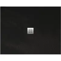STANO Mineralguss-Duschwanne extra flach CENTRO Schieferoptik Schwarz 120x150 cm Edelstahl in chrom Ablaufschutz in Chrom