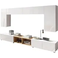 ALL4ALL Wohnwand 300 cm , Wohnzimmer Möbel , Modern Schrankwand , Tv Wohnwand , Weiß & Gold Eiche 300 x 117 x 32 cm