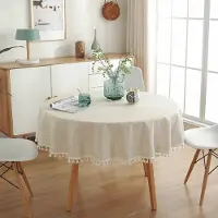 Fokelyi Runde Tischdecke aus waschbarem Leinen, knitterfrei, staubabweisend mit Quasten für Küche, Esszimmer, Esstisch, Couchtisch, Gartentisch