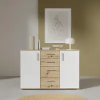 Forte IKOLI Kommode 120, moderne Kommode, 2-türig, 4 Schubladen, Wohn-/Schlafzimmer, Flur, Holzwerkstoff, Weiß mit Artisan Eiche Holzdekor, 119,6 cm breit x 81,7 cm hoch x 31,4 cm tief