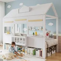 XTEILC Kinderbett mit Bücherregal und Hausförmiges Design Hochbett Hausbett Jugendett 90x200cm Weiß