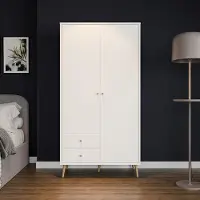 Forte HARLLSON Kleiderschrank 100 110, Mid-Century-Modern Stil, leichte Montage dank EasyKlix by , 2-türig, 2 Schubladen, Holzwerkstoff, Weiß, 104,5 cm breit x 201,7 cm hoch x 52,2 cm tief