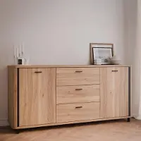 Forte FALAM Sideboard 160 170, zeitgenössisches Sideboard mit 2 Türen, 3 Schubladen, Wohn- & Schlafzimmer, Holzwerkstoff, Mauvella Eiche Holzdekor, Schwarz, 164,4 cm breit x 78 cm hoch x 42 cm tief