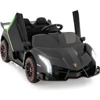 Goplus 12V Lamborghini Elektroauto mit 2,4G-Fernbedienung, Kinderfahrzeug mit helle LED-Leuchten, Hupe & hydraulischer Türen, Elektrofahrzeug mit Musik & MP3 (Schwarz)