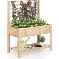Goplus Hochbeet mit Spalier und Regalen, Gartenbeet Holz, Pflanzkasten mit 4 Entwässerungslöchern und herausnehmbarer Einlage, Natur