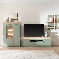 Lomadox Wohnwand in Grün mit Eiche modern 324 cm mit Highboard mit LED-Beleuchtung, Fernsehschrank, Wandregal, 3-teilig - MOSTAR-05
