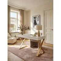 KADIMA DESIGN Schreibtisch 118x76x57 cm Holz Hochglanz Weiß Metallbeine Golden, Design Computertisch PC-Tisch Bürotisch Modern, Konsolentisch Schubladen