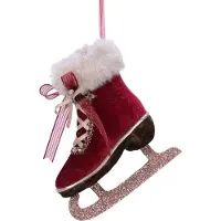 Kaemingk Weihnachtsanhänger Schlittschuh Samt mit Fellrand und Glitterkufe dekorativer Hängeanhänger aus Polyester nostalgische Winterdeko für Weihnachtsbaum