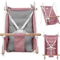 Tulano Kinderschaukel Hop 40 | Schaukel Babywippe Babyliegesitz 3in1 | 5-Punkt-Gurt | Tragfähigkeit bis 60kg | 6-36 Monaten | aus Holz | Rosa-Grau