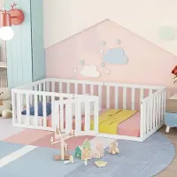 OKWISH Kinderbett 90 x 200,Holzbett Holzboden Bettrahmen mit Zaun und Tür, weiß(Ohne Lamellen)