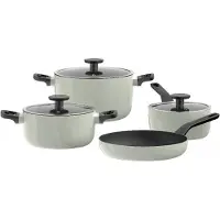 Berghoff Leo 7-teiliges Kochtopf-Set, Antihaft-Keramikbeschichtung, Induktion, recyceltes Aluminium, grün, Glasdeckel, Antirutsch-Griffe