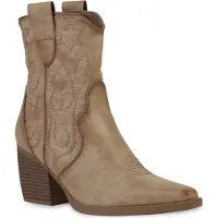 Van Hill Damen Stiefeletten Cowboy Boots Trichterabsatz Stickereien Schuhe 837779, Farbe: Khaki, Größe: 36