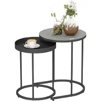 SUGIFT Satztisch 2er Set rund, Beistelltisch Couchtisch Industrial, MDF Holzoptik & Metall, Grau | Ø42 x 54 cm | stapelbar | Tablett-Rand