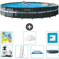 Intex Round Ultra XTR Frame Swimming Pool – 732 x 132 cm – inklusive Pumpe – Leiter – Bodenplane – Abdeckung Wartungspaket - Filterbälle - Bodenfliesen