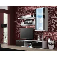 Furniture24 Wohnwand SOHO 5 mit Blauer LED Beleuchtung, Anbauwand, Wohnzimmerschrank, Schrankwand, Vitrine, Lowboard, Hängeregal Weiß/Schwarz Hochglanz
