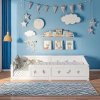 ProximaX Kinderbett 90x200 cm mit Gitter – Montessori Bodenbett, Rausfallschutz, Stern & Mond Design, Weiß, Kinderbettgestell