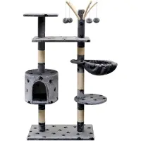 Markenlos Katzen-Kratzbaum 125 cm Grau mit Pfotenmotiv, Katzenmöbel, Kratztonne für Katzen, Aktivitätskratzbäume, Katzenzubehör