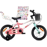 Sun baby LOOFI Kinderfahrrad 14 Zoll, leichtes Aluminium Fahrrad 6,6 kg für Kinder ab 3 Jahre, mit Stützrädern, Korb, Klingel, mit Puppensitz, Mädchen
