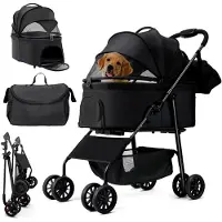 Markenlos Hundebuggy 3 in 1 bis 30 kg, klappbare Hundebox Transporttasche, tragbares Haustiernest mit Umhängetasche, 360° Räder, großzügiger Korb für kleine und mittlere Hunde und Katzen, Oxford-Stoff, Schwarz