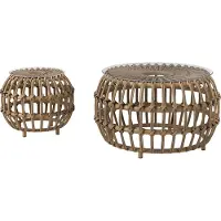 Dopwii 2er Set Beistelltisch Polyrattan Ø66/42 cm rund wetterfest Gartentisch mit Glasplatte Braun