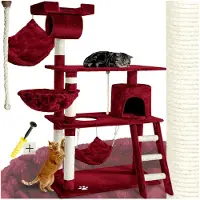 Markenlos Katzenkratzbaum, 141 cm hoch, Indoor Katzenhaus mit Hängematte, Höhle, Spielseil und Treppe, Plüsch-Sisal, Katzenmöbel mit Spielzeug, extra breit - weinrot