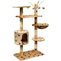 Markenlos Katzen-Kratzbaum 125 cm Beige mit Pfotenmotiv, Katzenmöbel, Kratztonne für Katzen, Aktivitätskratzbäume, Katzenzubehör