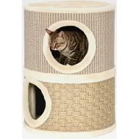 Markenlos Kratztonne für Katzen 49 cm Hoch Ø 35,5 cm Katzentonne mit 2 Etagen Sisalseil, Plüsch Katzenhöhle, Kratzbaum für große Katzen, Khaki+Kaffee
