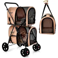 Markenlos Hundewagen mit zwei Etagen, Netzfenstern und Getränkehalter, für Haustiere bis 16 kg, geeignet für zwei kleine Hunde oder Katzen, in Beige