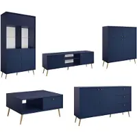 Feldmann-Wohnen Wohnzimmer-Set Rose Wohnwand Ausführung wählbar,1 Vitrine, 1 Lowboard, 1 Highboard, 1 Couchtisch, 1 Sideboard,marineblau